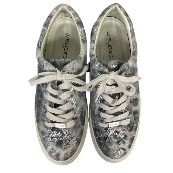 J Slides Lacee Sneaker Leather Leopard Snake Print Silver Black Size 10 Low Top - Picture 9 of 13